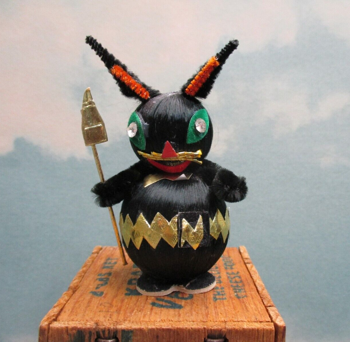 Vintage Satin Chenille Black Cat Devil Figure ~ Rhinestone Eyes ~ Halloween