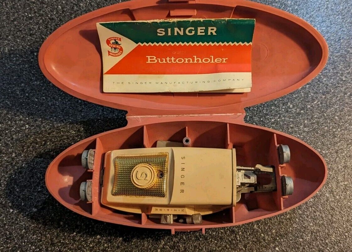Vintage SINGER Sewing Machine Buttonholer Attachment With PINK CASE & Manual 