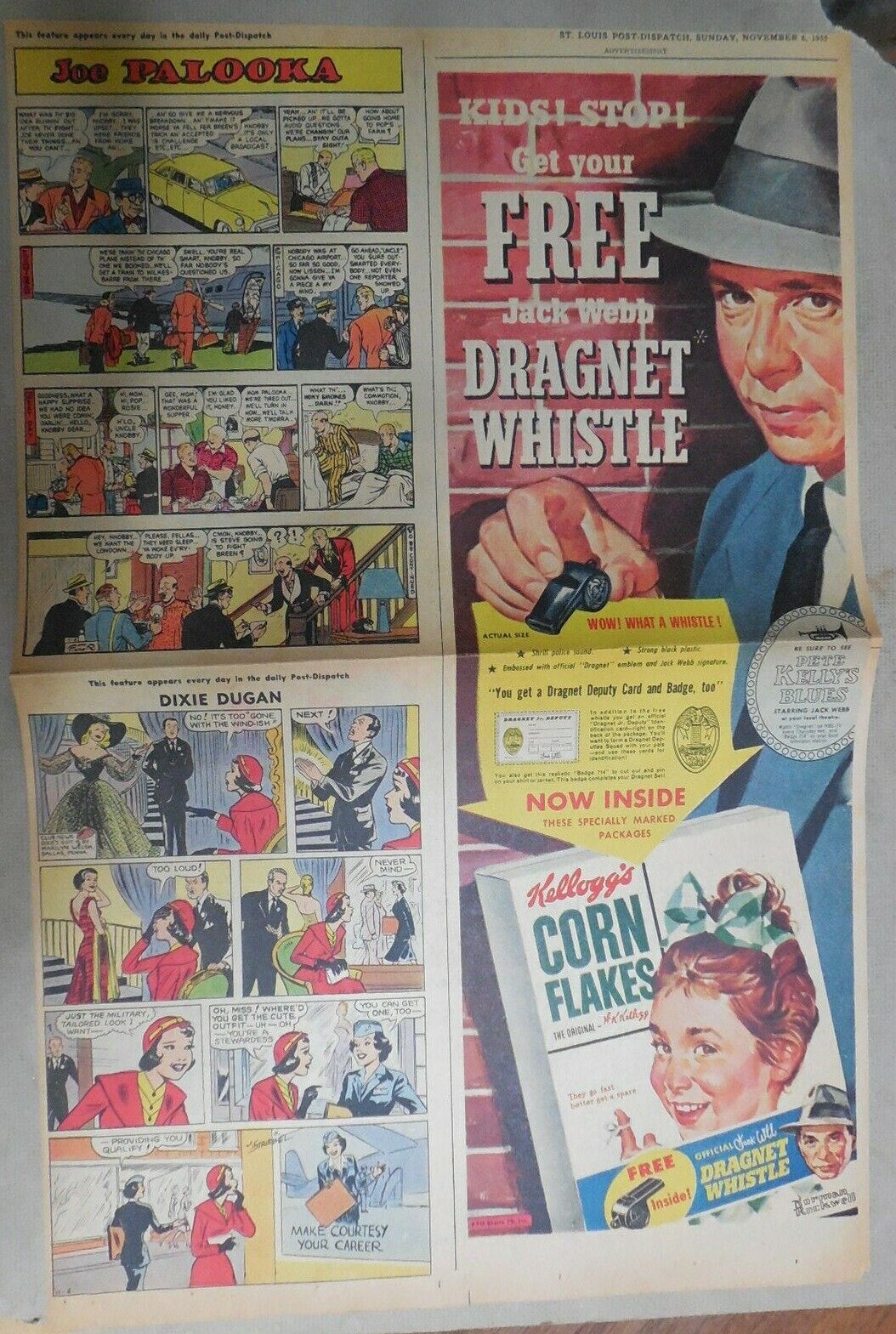 Kellogg's Cereal Ad: Jack Webb Dragnet Whistle  From 1955 Size: 15 x 22 inches