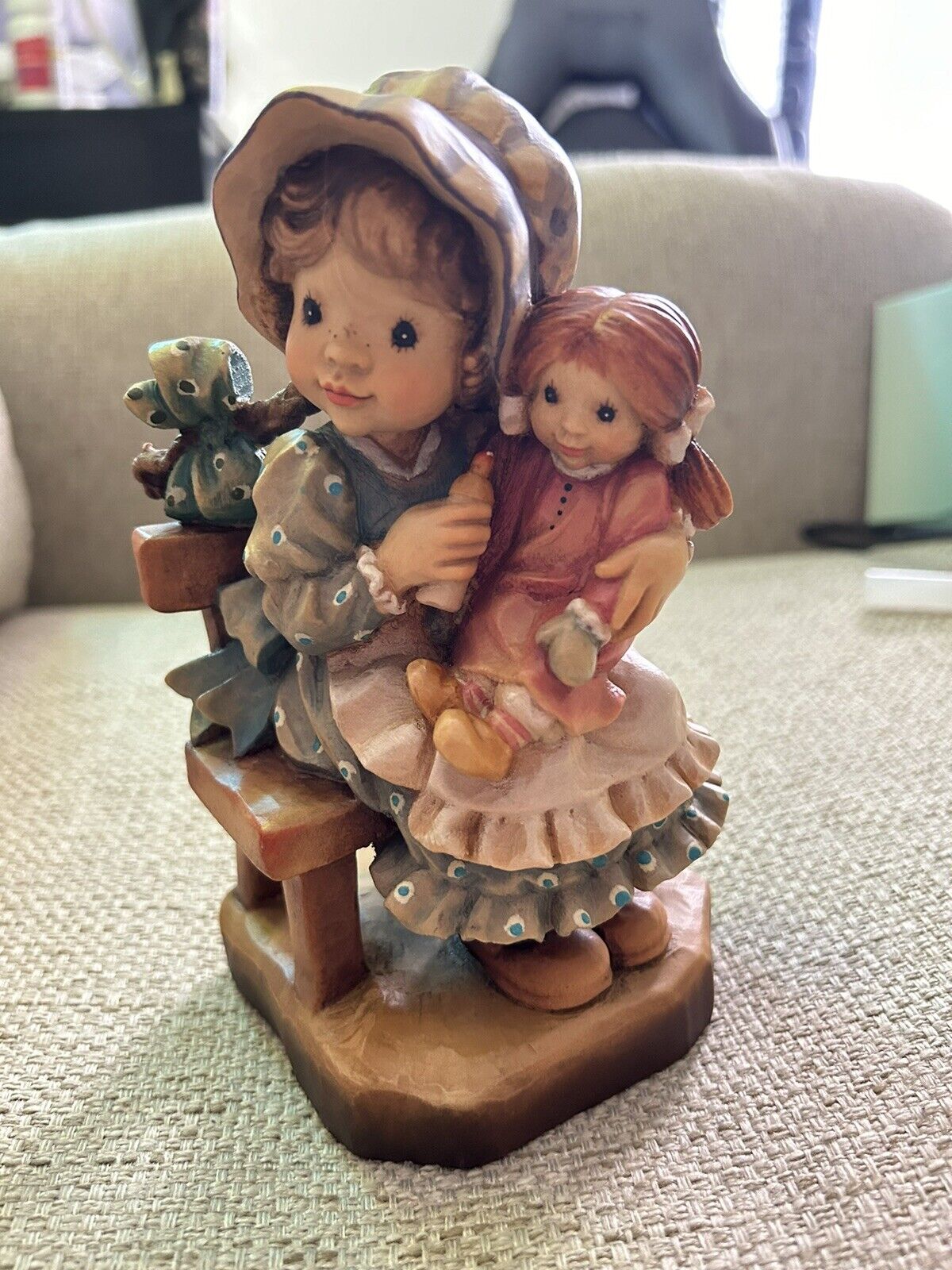 VINTAGE ANRI Sarah Kay Wood Carving Figurine Cherish - Girl with Doll, Italy