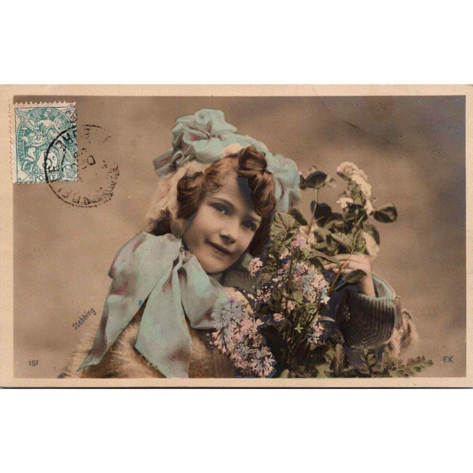 Vintage Edwardian Stebbing Postcard Girl with Flowers Painted France 1900s