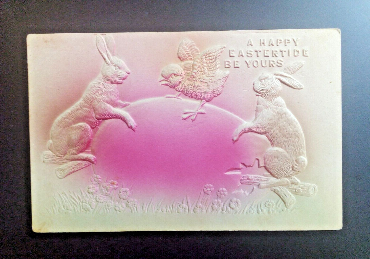 Antique Easter Postcard Airbrushed Pink and Yellow Bunnies Chick and Egg