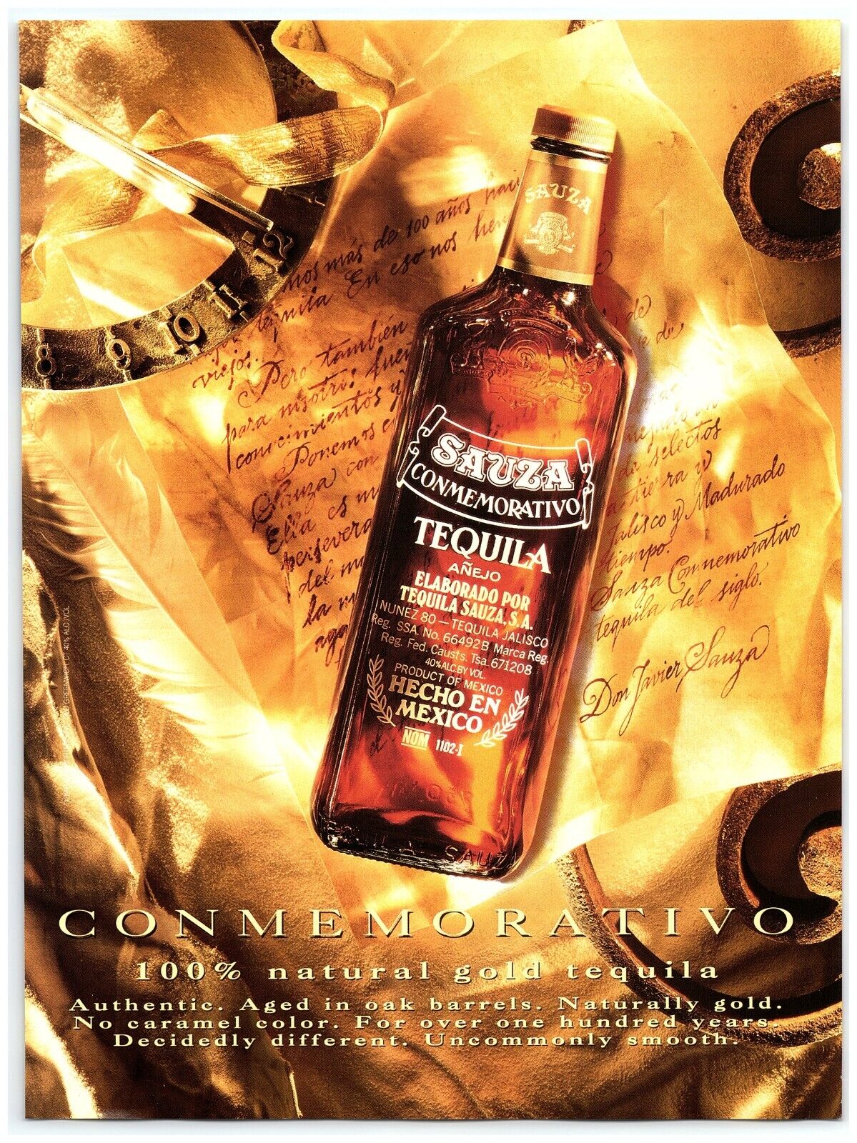 1994 Sauza Conmemorativo Tequila Print Ad, Anejo Hecho En Mexico Aged Oak Gold