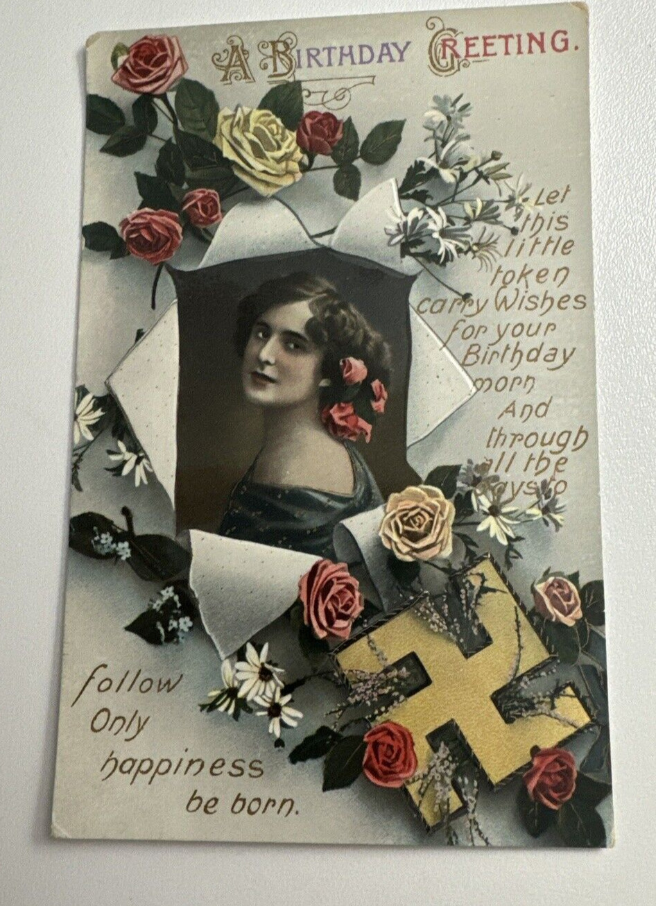 Birthday Greetings Postcard - Swastika Good Luck c1910