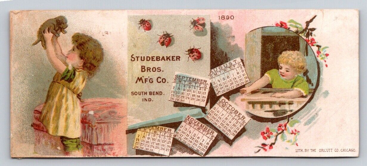 1890 Studebaker Bros Calendar Children Puppy Ladybugs Buggies Carriages P152