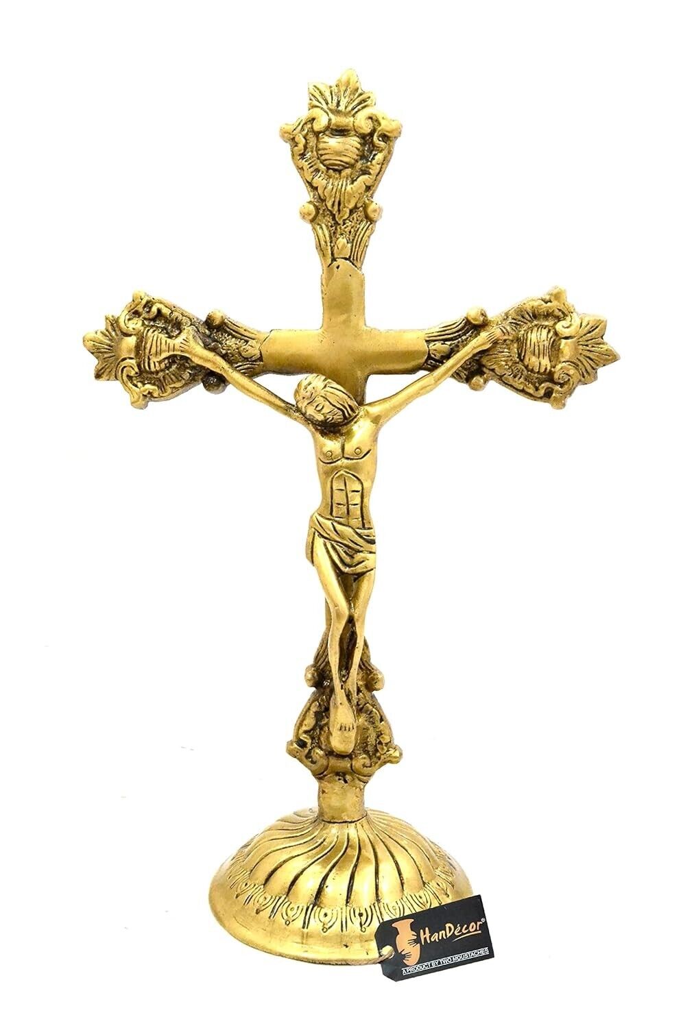 Handmade Brass Lord Jesus On Holy Cross Statue Figurine Antique Yellow