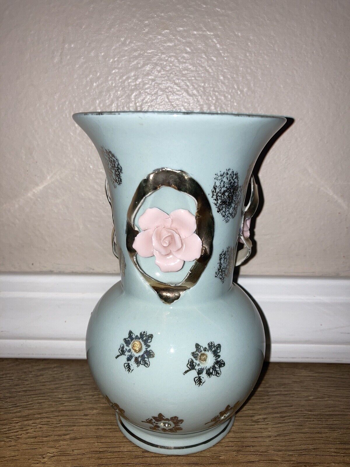 Vintage Rose Bud Vase Pale Blue 6.5”