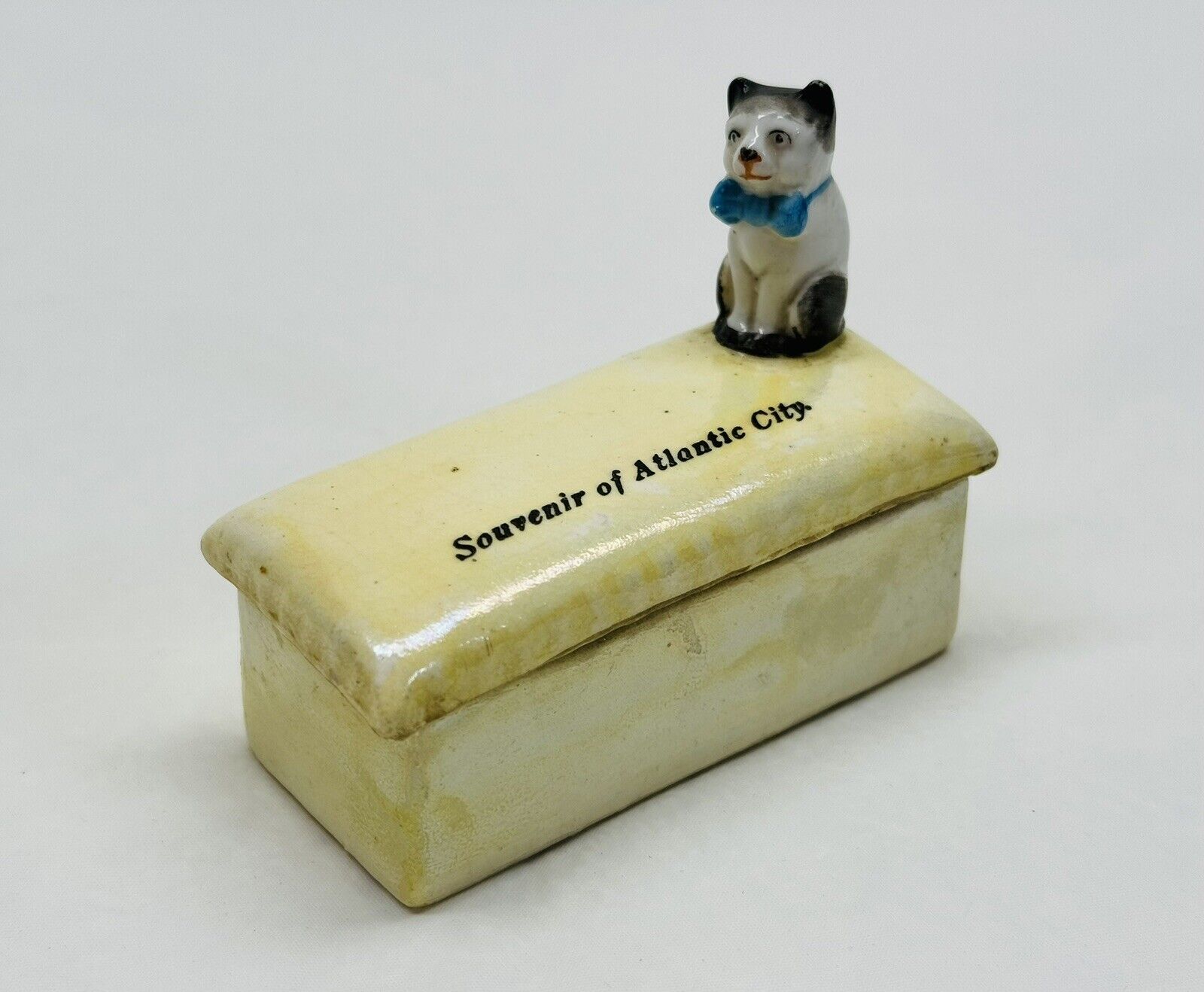 Vintage German Souvenir Atlantic City Ceramic Trinket Box Cat Figurine Porcelain
