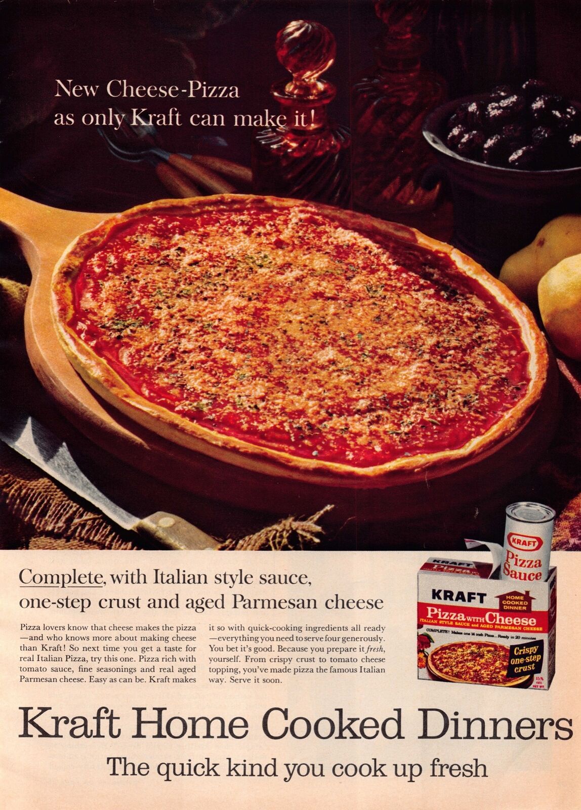 1960s Kraft Pizza With Cheese Dinner Kit Food Print Advertisement Ad 1965
