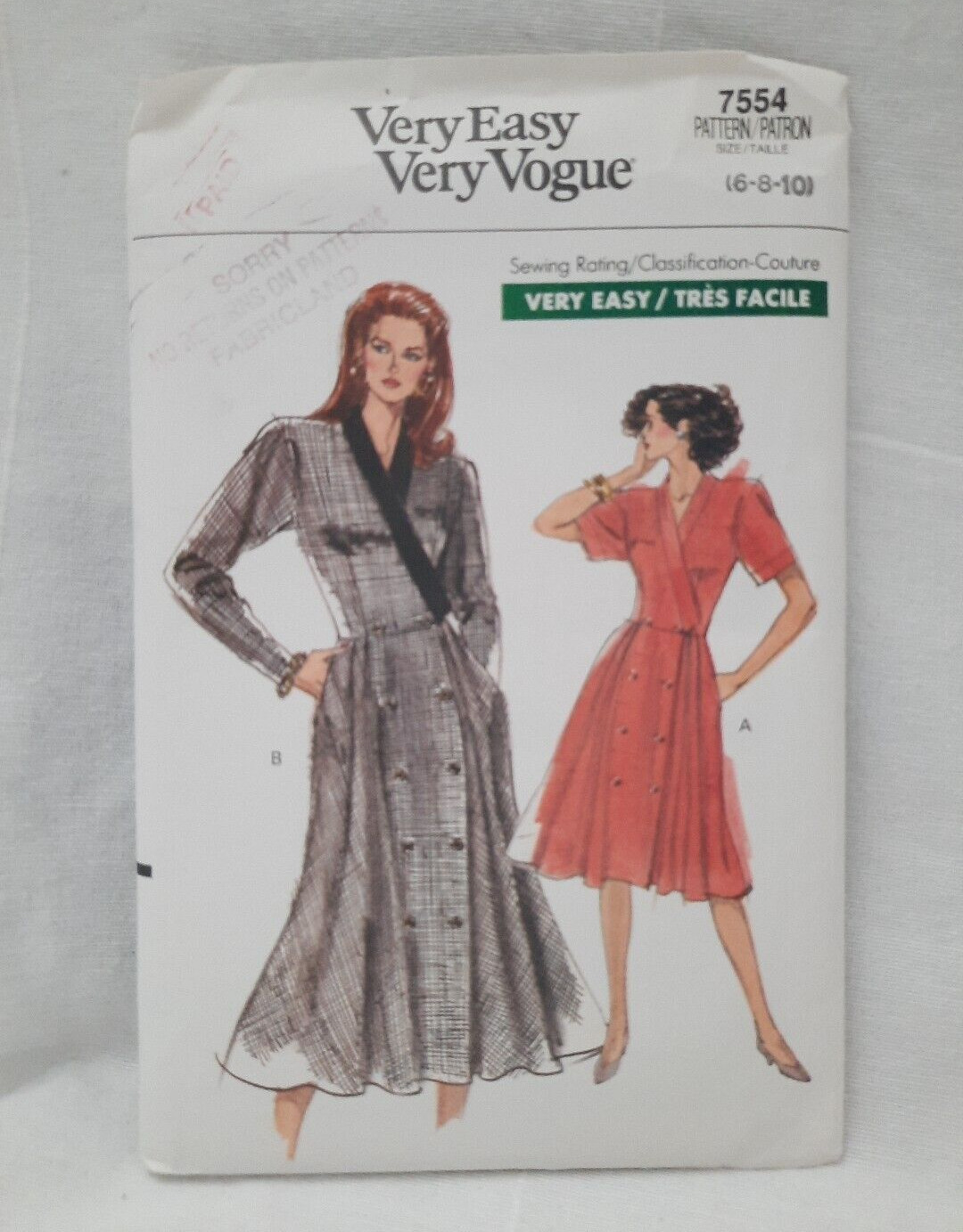 80\'s VTG Vogue Easy 7554  2 Variations Misses\' Button Front Dresses 6-8-10 UC FF