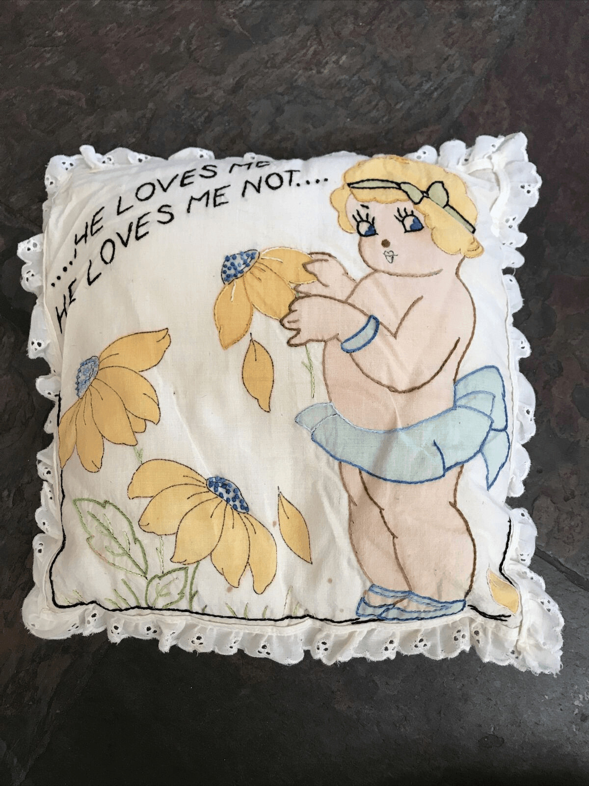Antique Embroider Pillow He Loves Me He Lives Me Not... Daisy 12 X 12