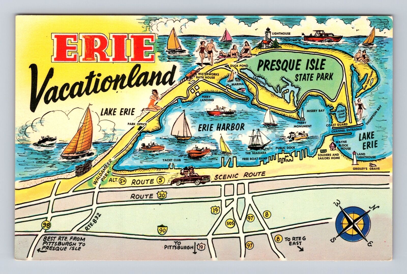 Erie PA-Pennsylvania, Aerial Advertisement Landmarks, Antique, Vintage Postcard