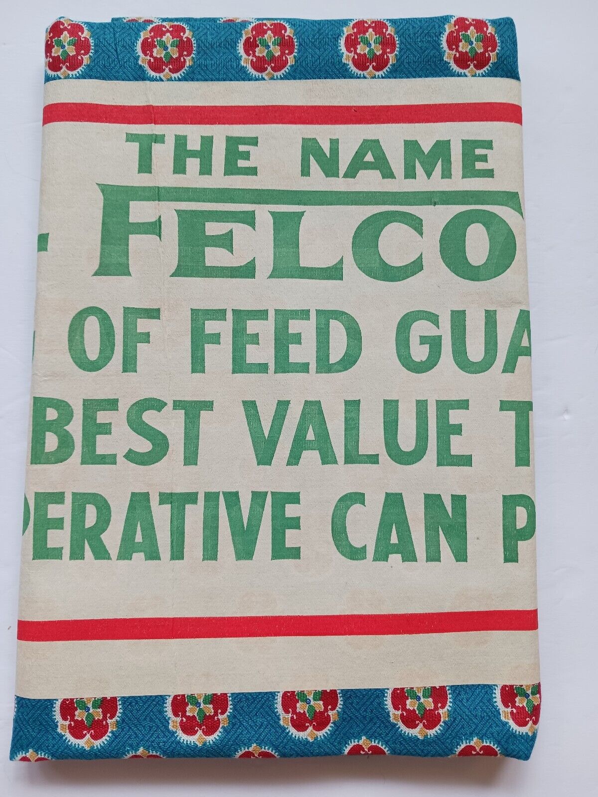 Vtg Felco Flour Feed Sack UNOPENED Fabric Teal Blue w Red Gold Flowers w Label