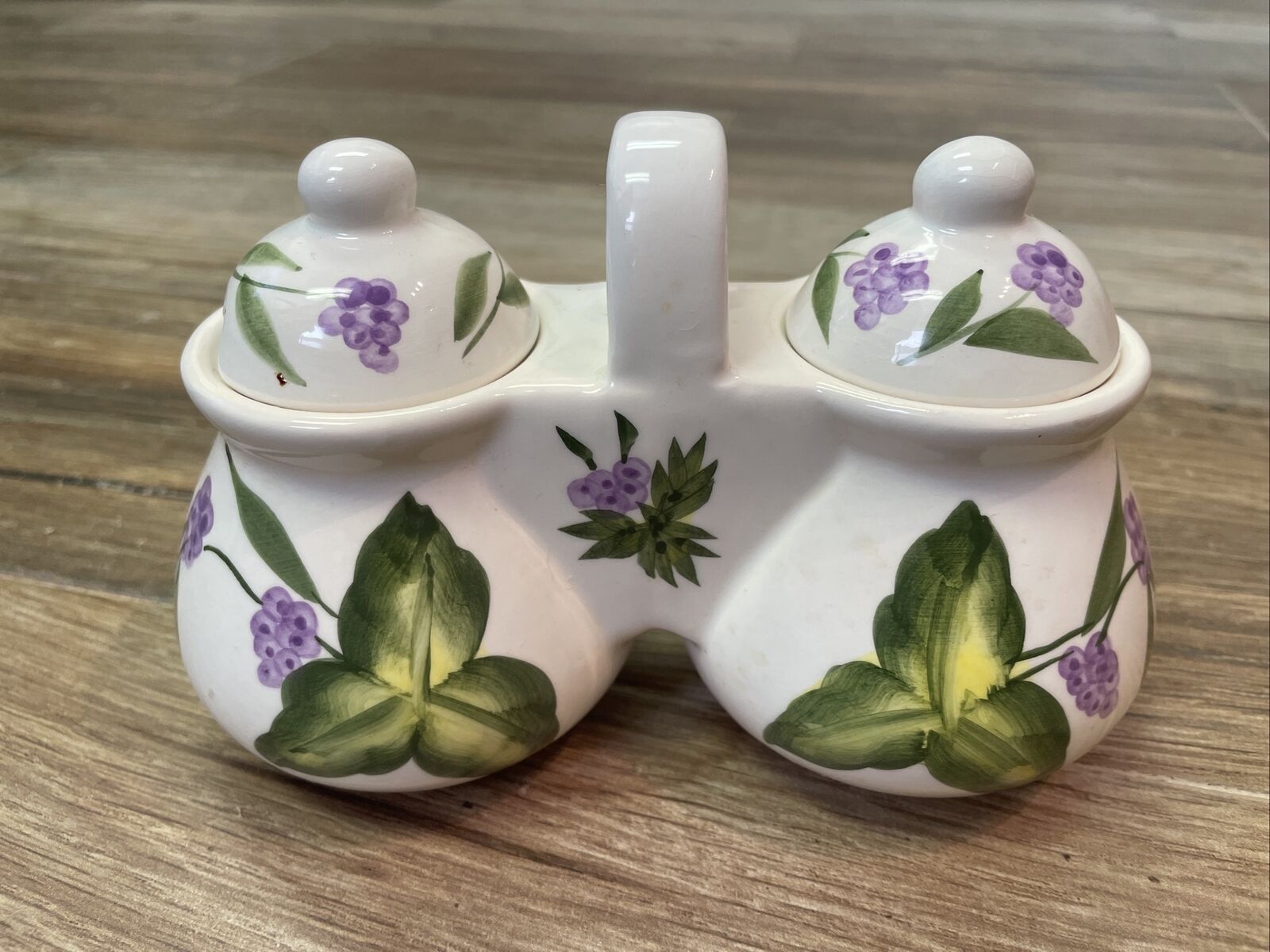 Hand painted Shabby Chic Double Condiment Pot Jar Jelly Jam Sugar Dish w/ Handle