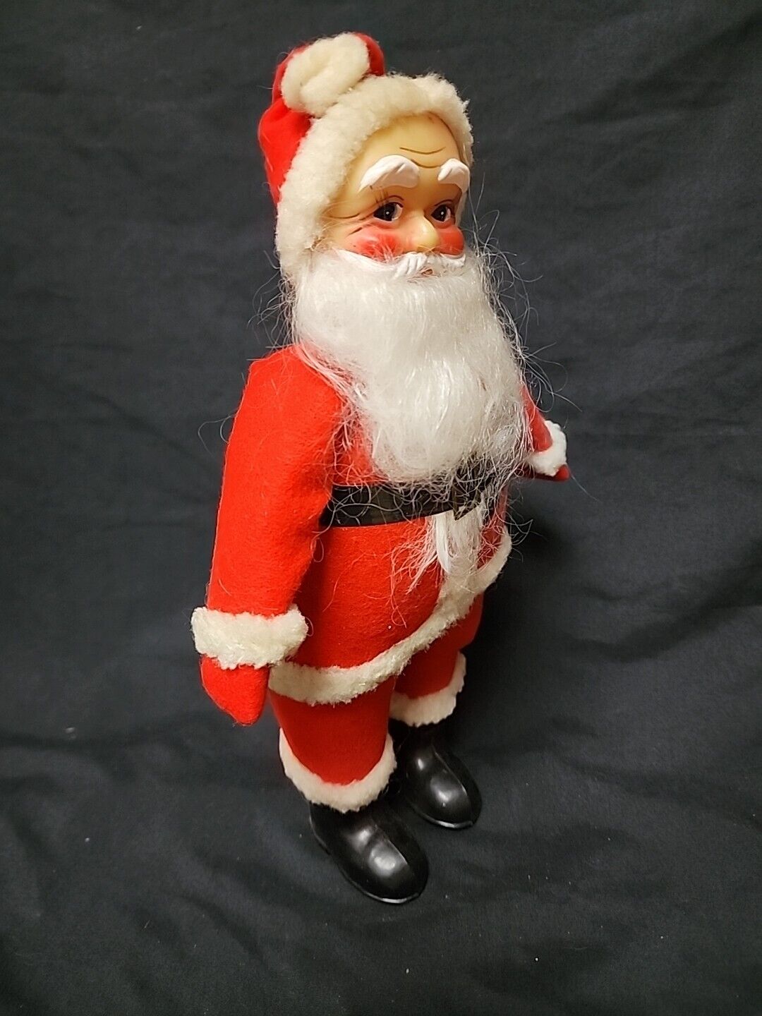 Vintage Santa Doll with Rubber Face Wool Beard Felt Suit 11 Inches Tall