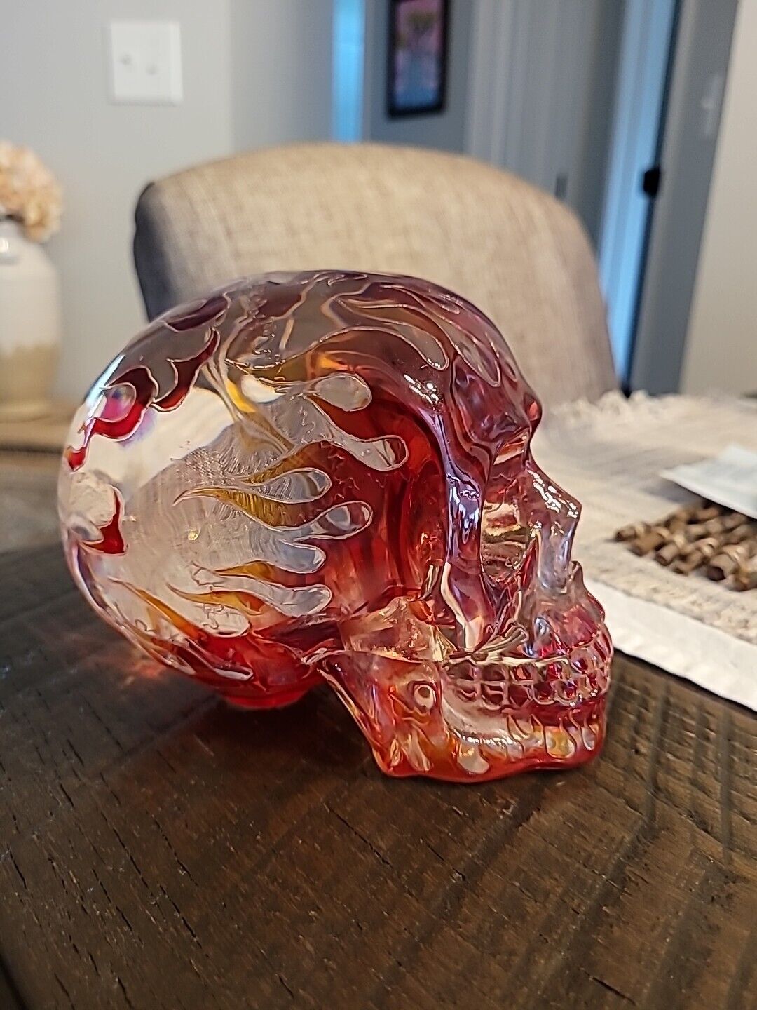 Red Flames Translucent Skull Glass Figurine Excellent