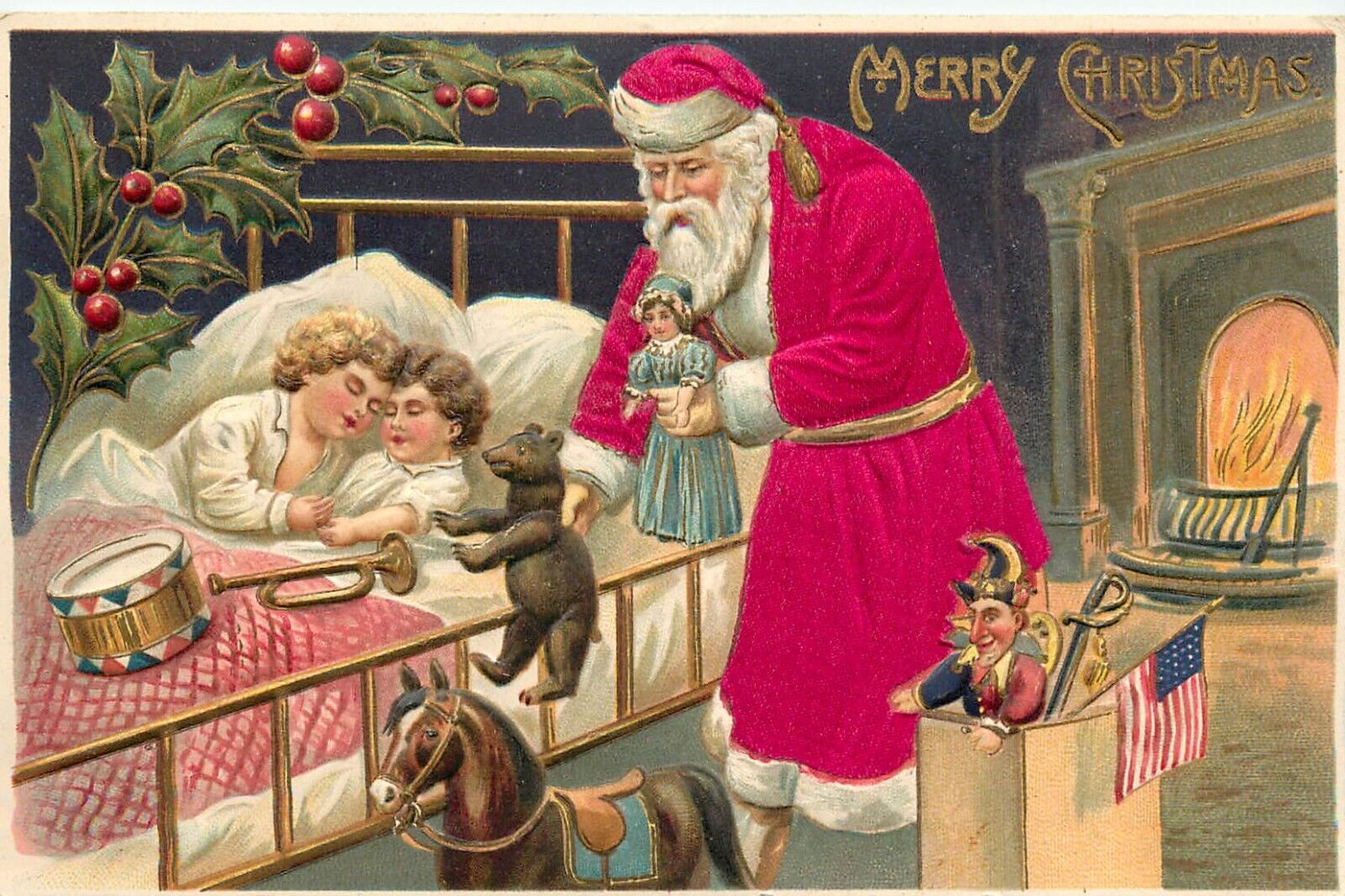 Embossed Christmas Postcard Silk Applique Santa Claus w/ American Flag Children