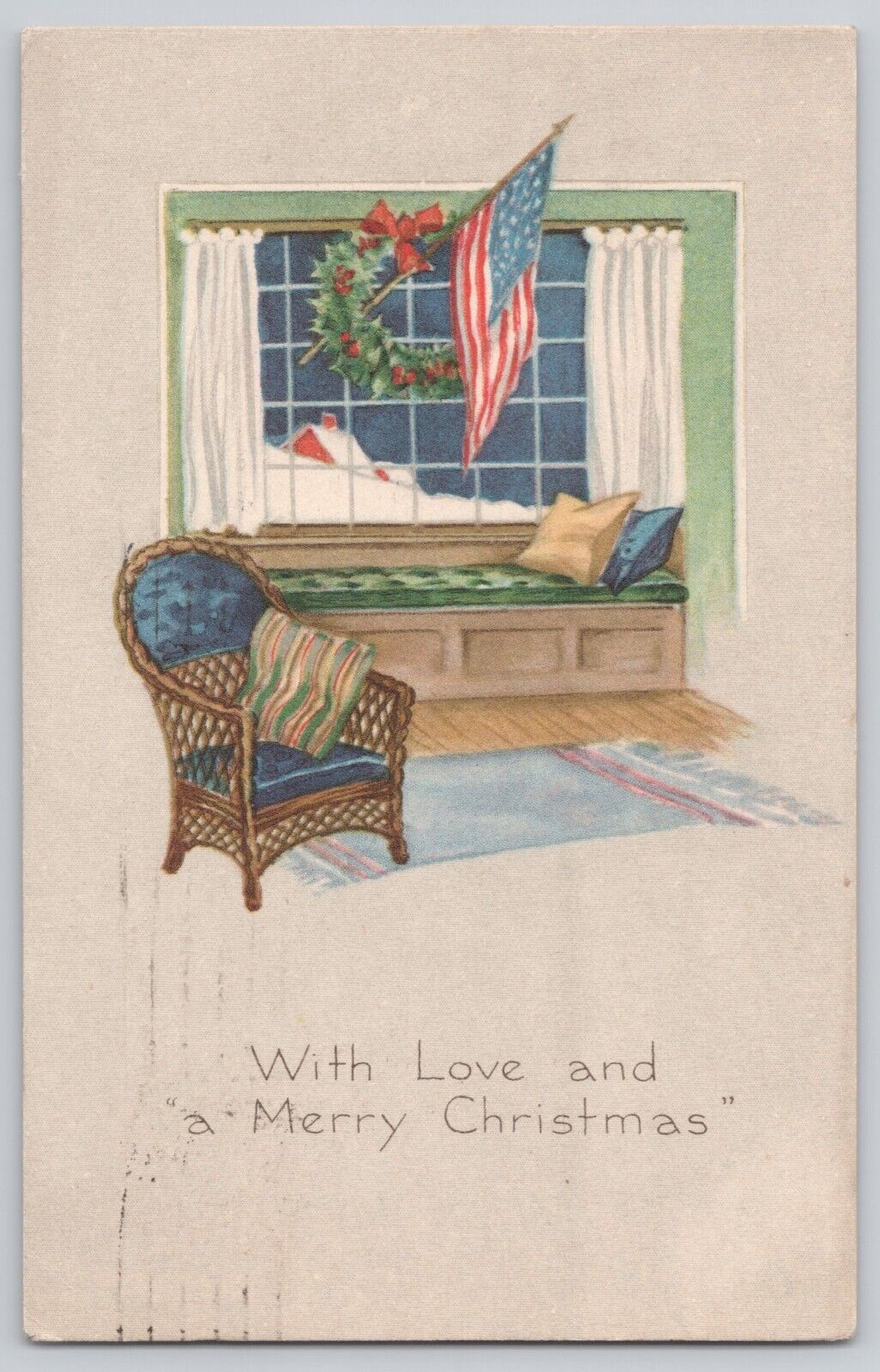 WWI US Christmas Postcard Homefront Flag Wicker Chair Indiana Postmark 1918
