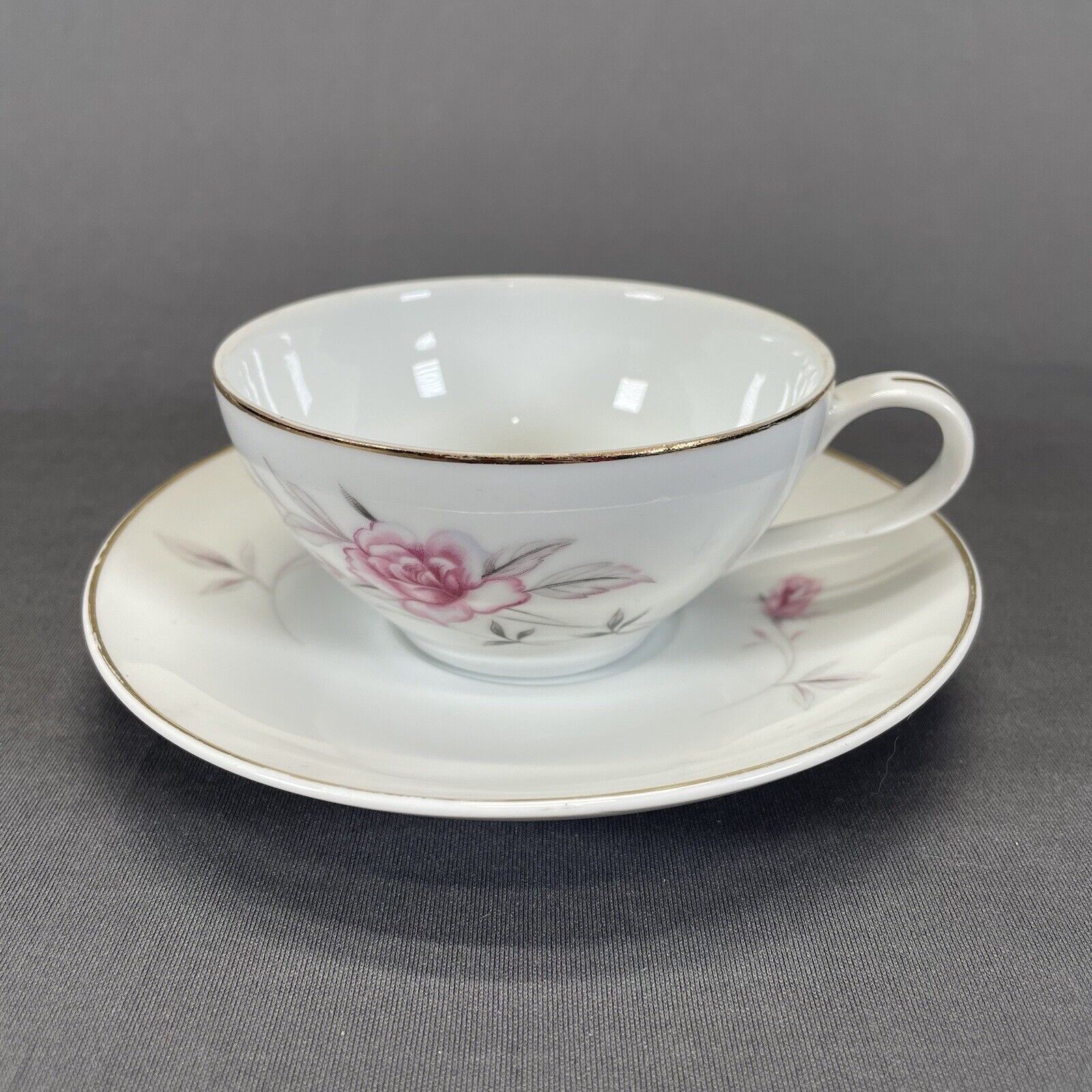 Vintage Nasco Rose Arbor Tea Cup and Saucer Pink Rose Gray Leaves