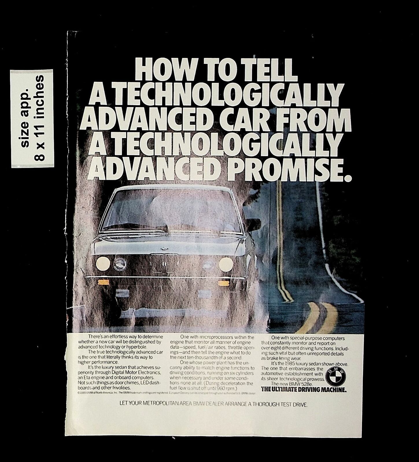 1985 BMW Driving Machine Tefchnologically Advanced Vintage Print Ad 14311