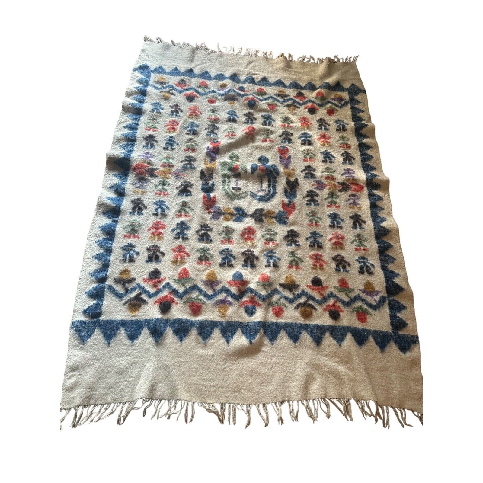 Vintage Guatemalan Wool Blanket Folk Art Early 20th century