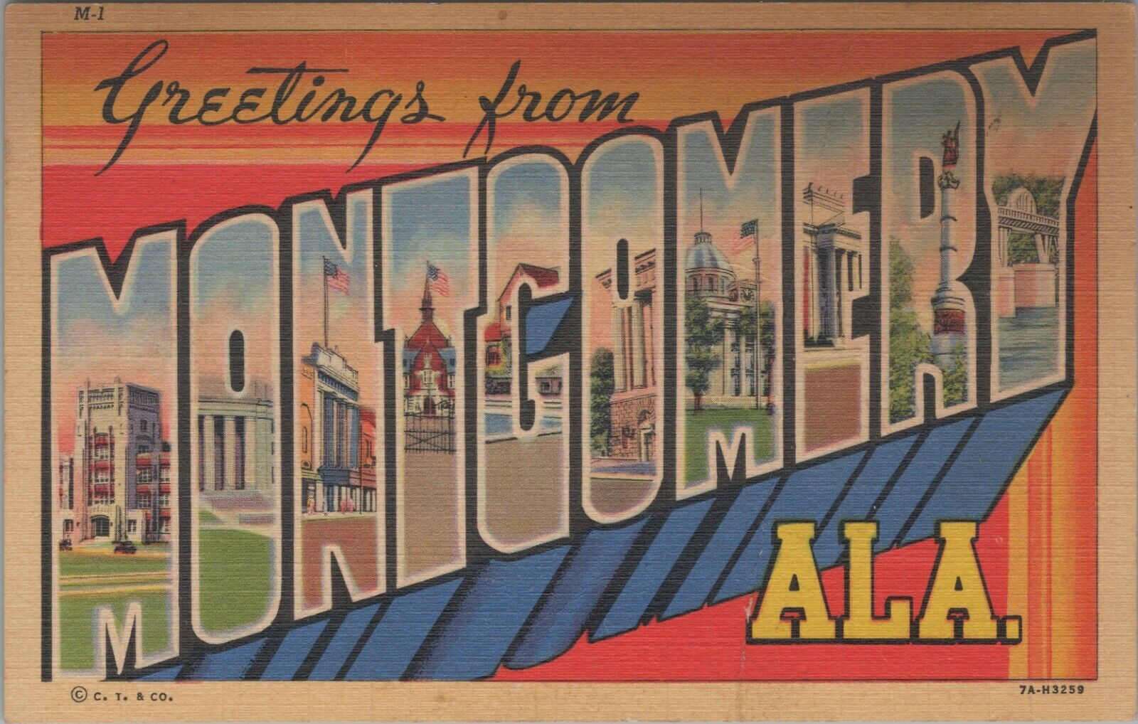 Greetings from Montgomery Alabama large letters c1940s linen postcard D50