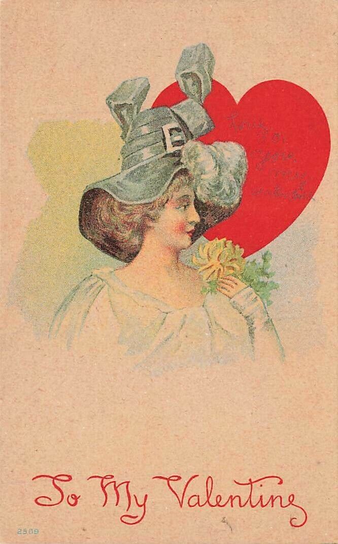 c1910s Lovely Woman Hat Heart Valentines Day P313