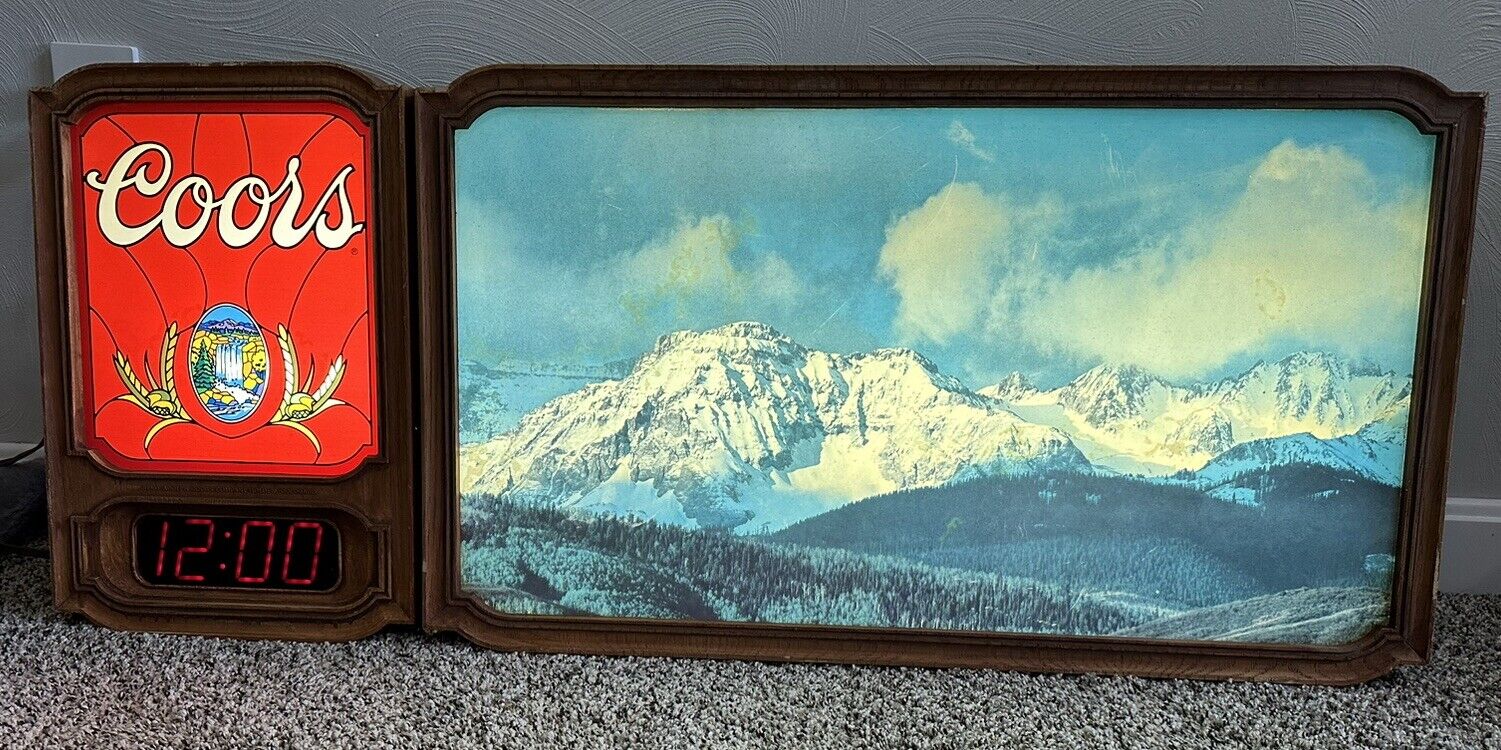 Rare Vintage 1981 Coors Lighted Back Bar Sign Clock Mountain Scene Beautiful