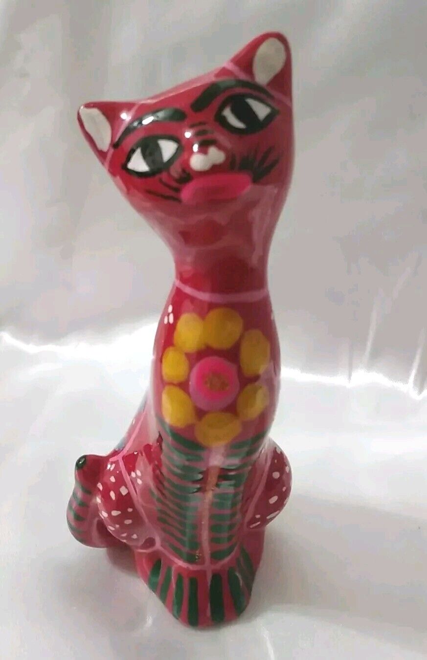 Vintage Mexican Pottery Talavera Red Cat W Bird Flowers Figure Folk Art 6\