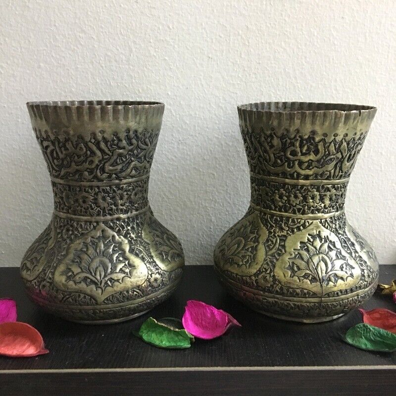 Set of Two Antique Vintage Brass Persian Islamic Home Decoration Vase RARE 