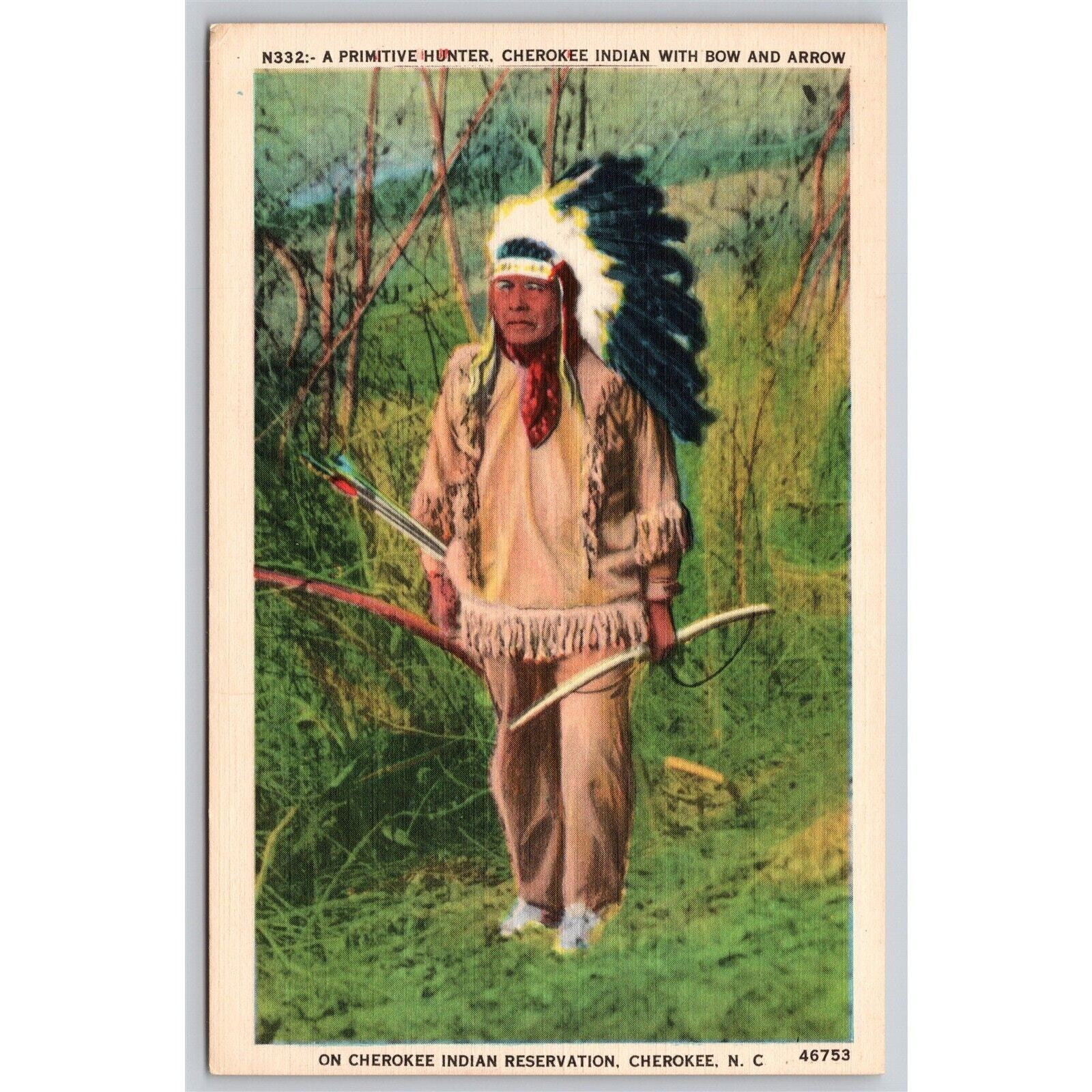 Postcard NC Cherokee A Primitive Hunter Cherokee Indian With Bow And Arrow