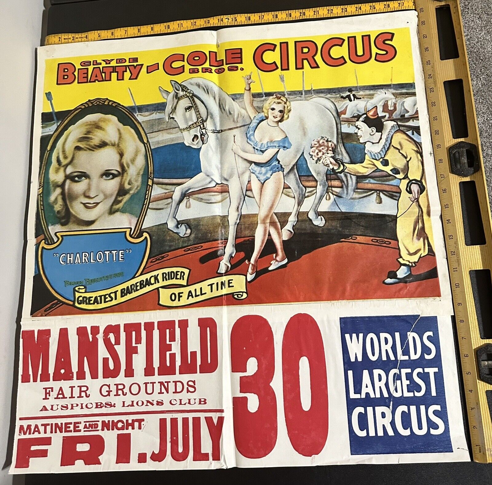 29x28 Charlotte Bareback Horse Rider Cole Beatty Circus Poster Mansfield OH