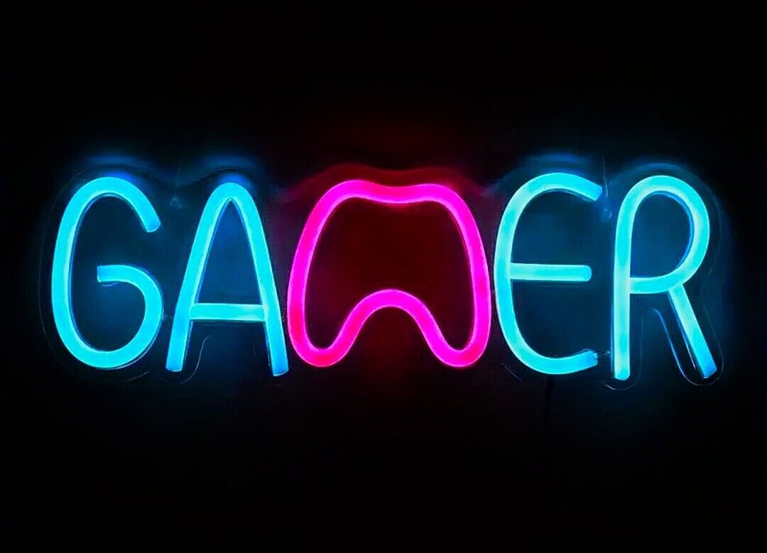 LED Gamer Neon Sign  Game Room Light Up Wall Decor Blue Pink Controller Game Pad