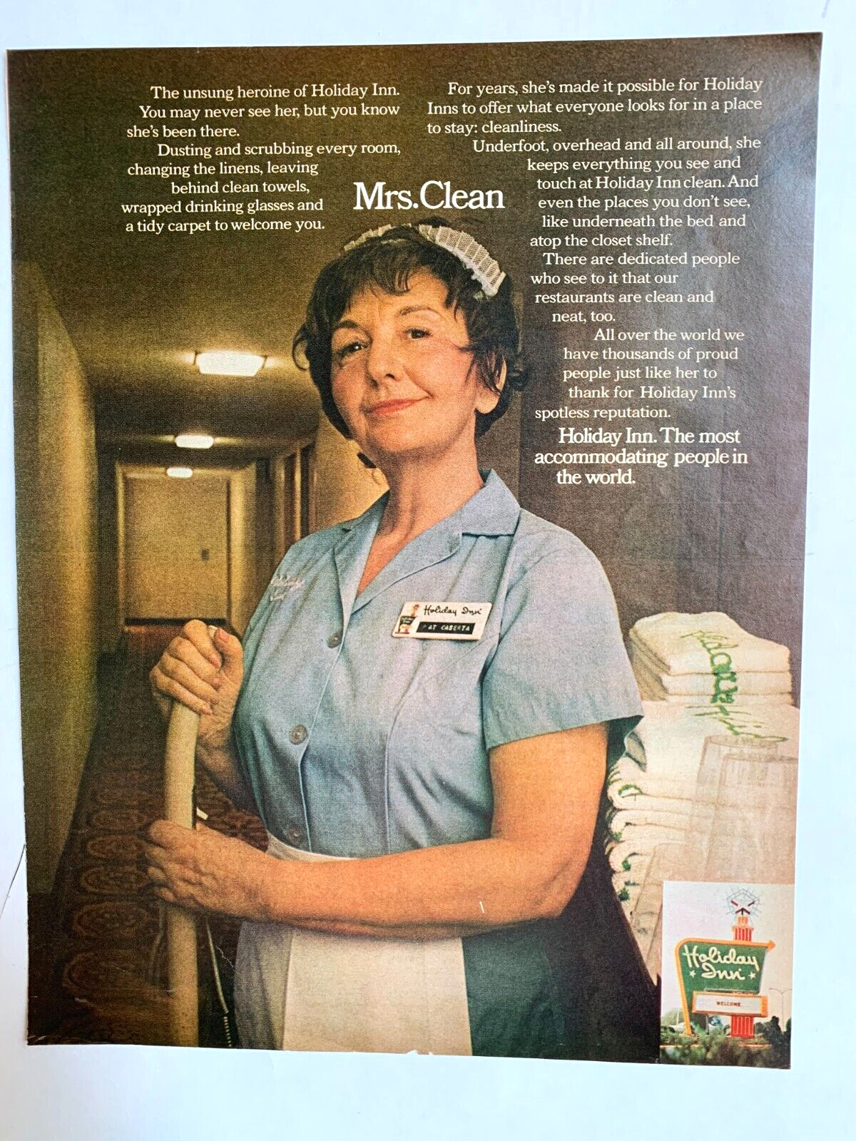 1972 Print Ad  Holiday Inn 13in x 10 in Mrs Clean Room Service