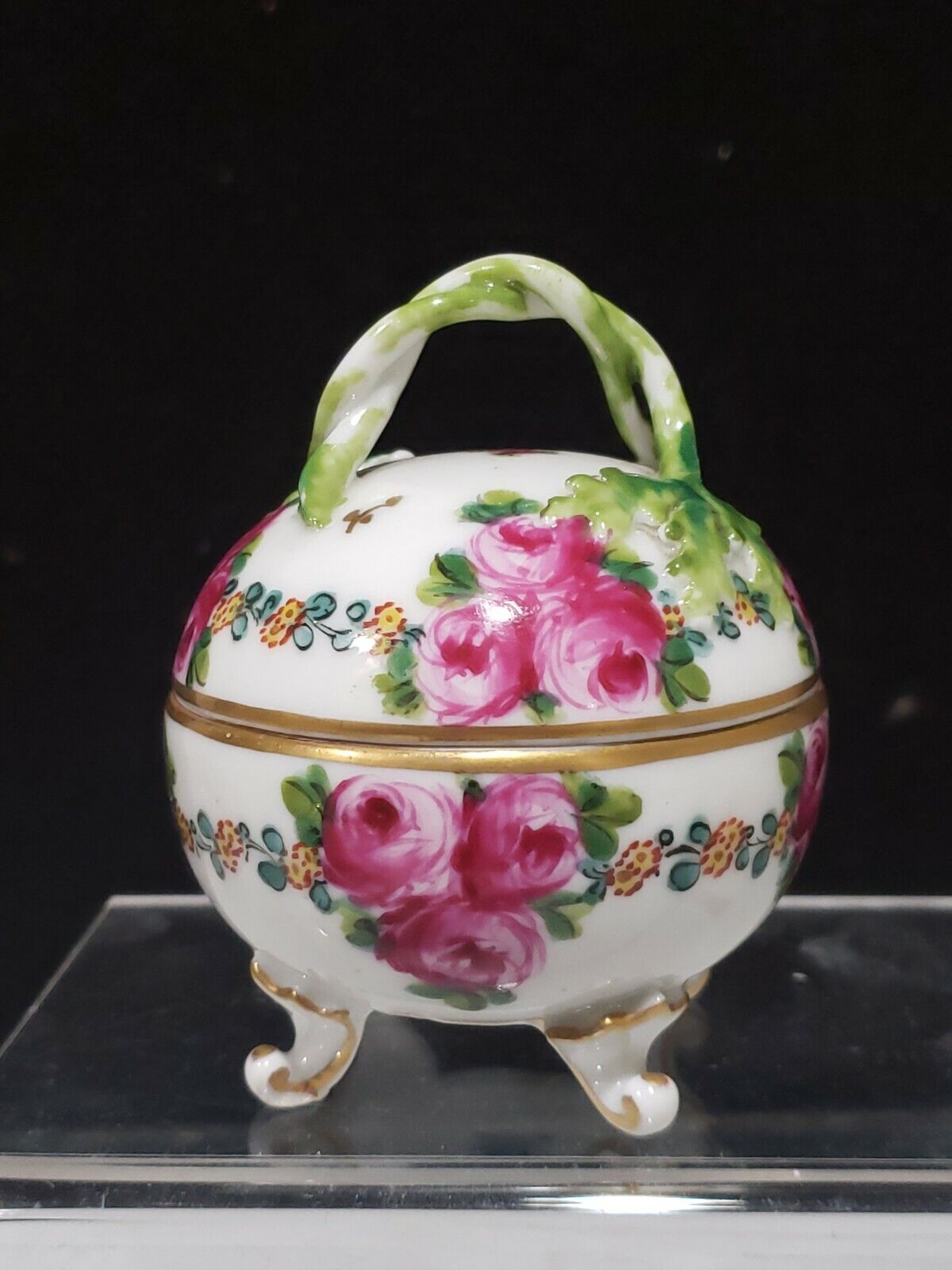 Antique 18thC NIEDERVILLER Porcelain Trinket Box with Twisted Handle Roses