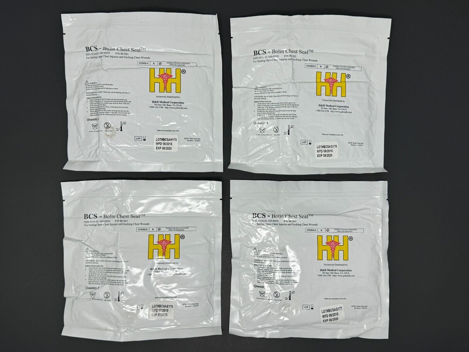 *Set of 4* H&H Medical Bolin Chest Seal (BCS) Sterile Wound Dressing - Exp. 2020