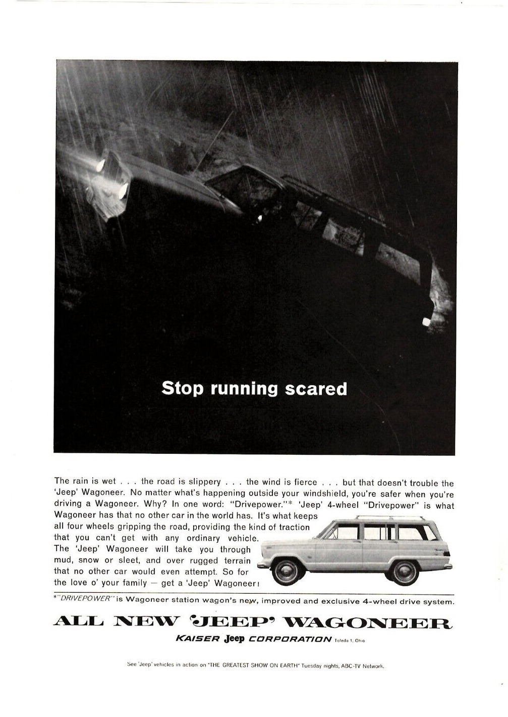 1964 Print Ad Kaiser Jeeep Wagoneer Drivepower 4-wheel Traction Stop Running