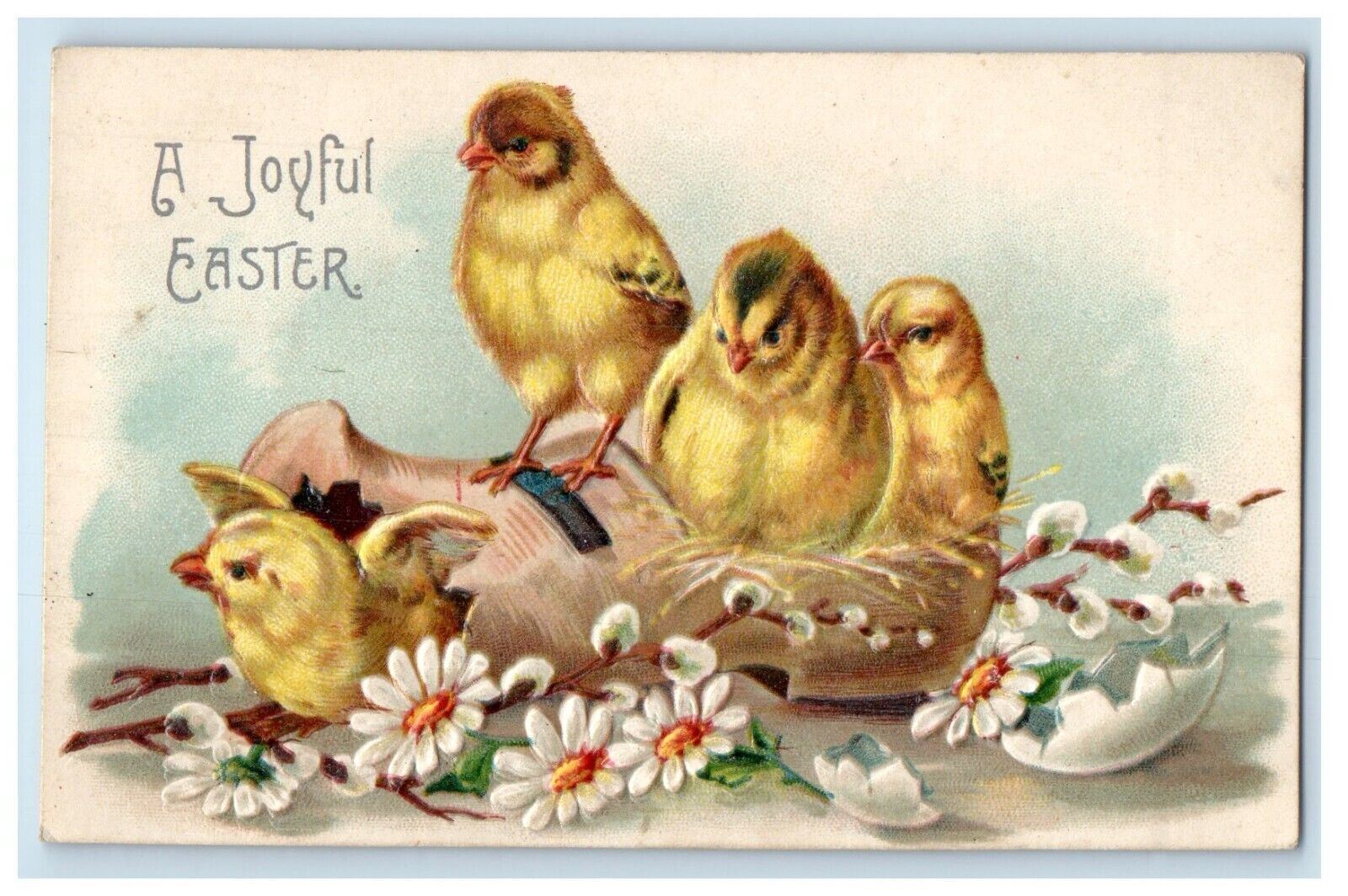 c1910's Easter Hatched Egg Chicks Flowers Clapsaddle (?) Embossed Postcard