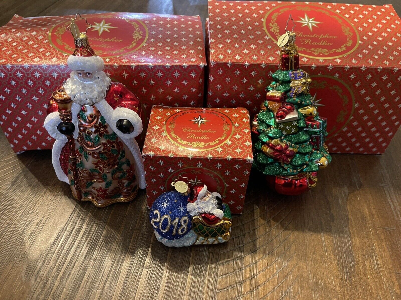 3 Christopher Radke Christmas Ornaments - Santa, Christmas Tree, W Boxes And Tag