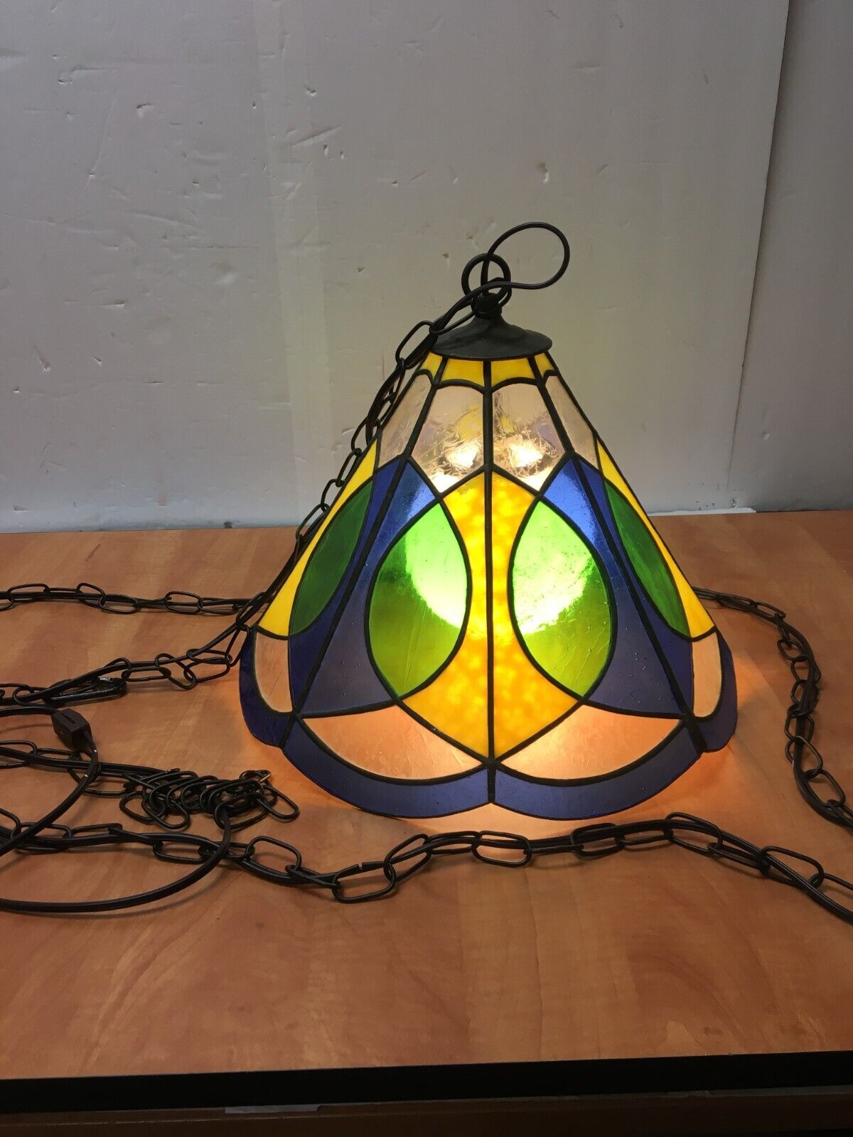 Vintage Hanging Leaded Stained Glass Swag Lamp Light Multicolor 16\