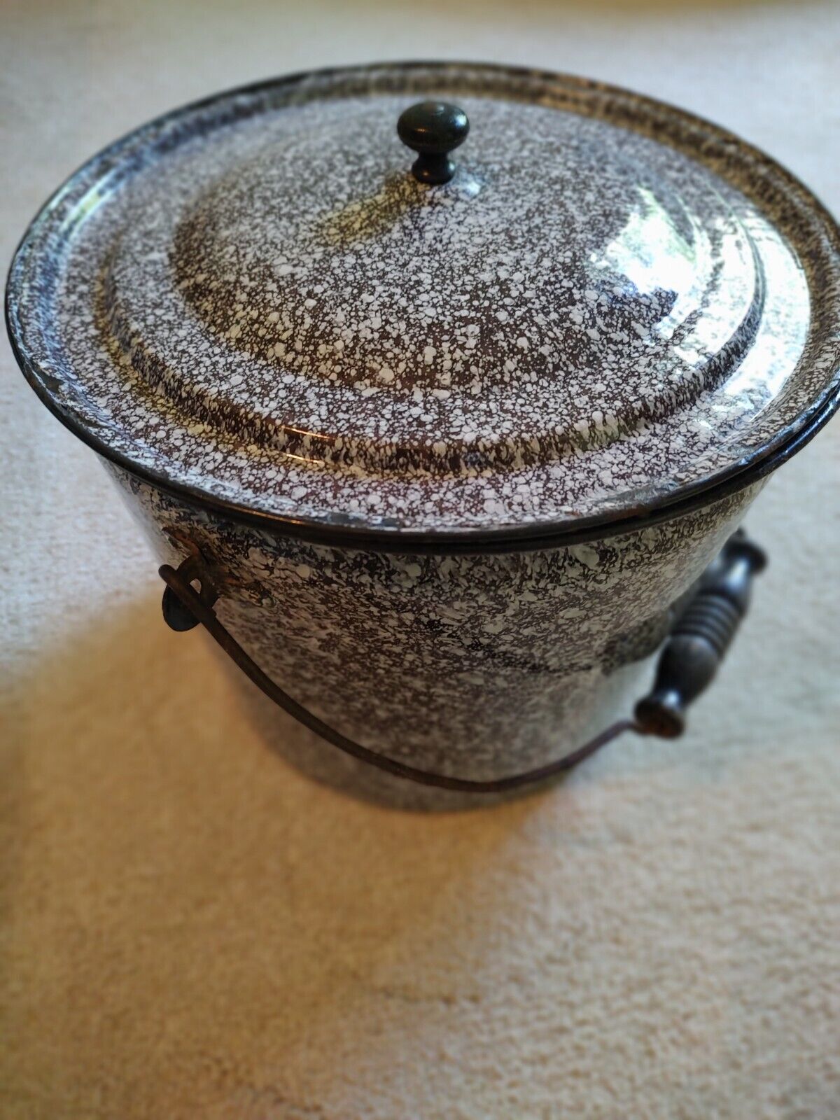 Vintage Enamel brown speckled pail metal bail handle with enamel lid