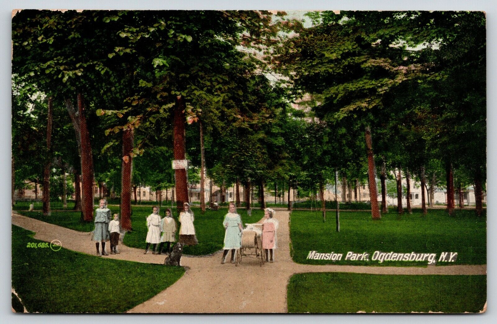 Ogdensburg New York~Kids Play @ Mansion Park~Baby Carriage~Dog~Sign on Tree~1910