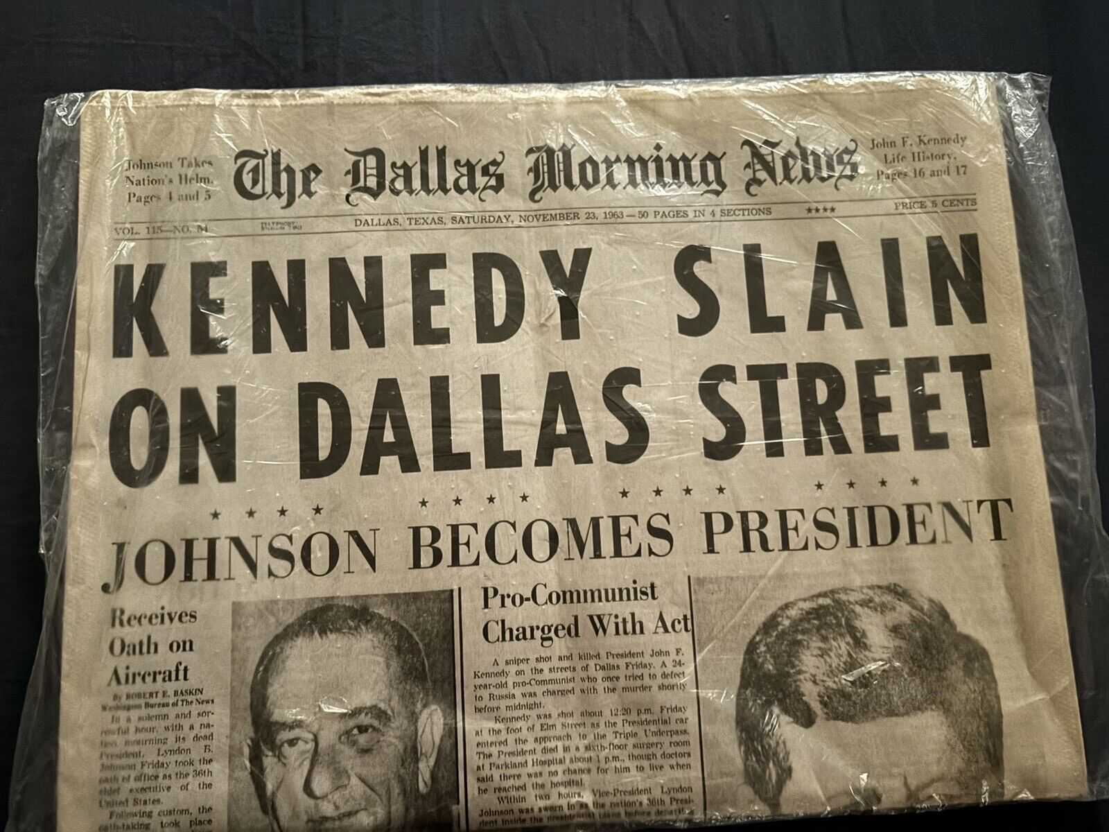 The Dallas Morning News Newspaper, Nov 23, 1963  Kennedy Slain on Dallas Street.
