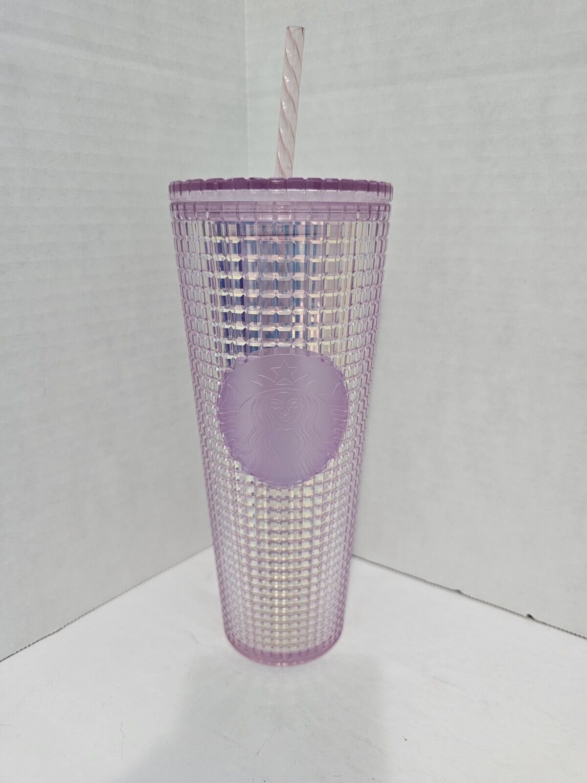 New Starbucks 2020 Iridescent Pink Grid Disco Holiday Cold Cup Tumbler 24oz. UP