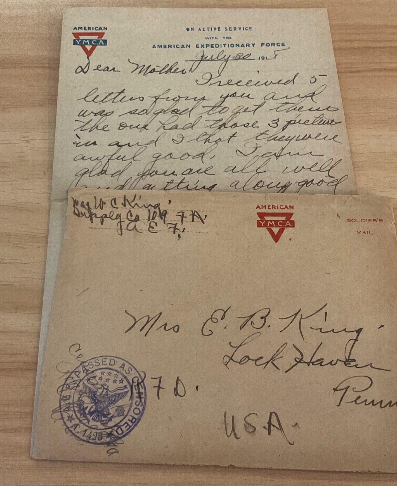 WWI AEF letter Supply Co 109th FA received mail, issued heavy wool cloth FA
