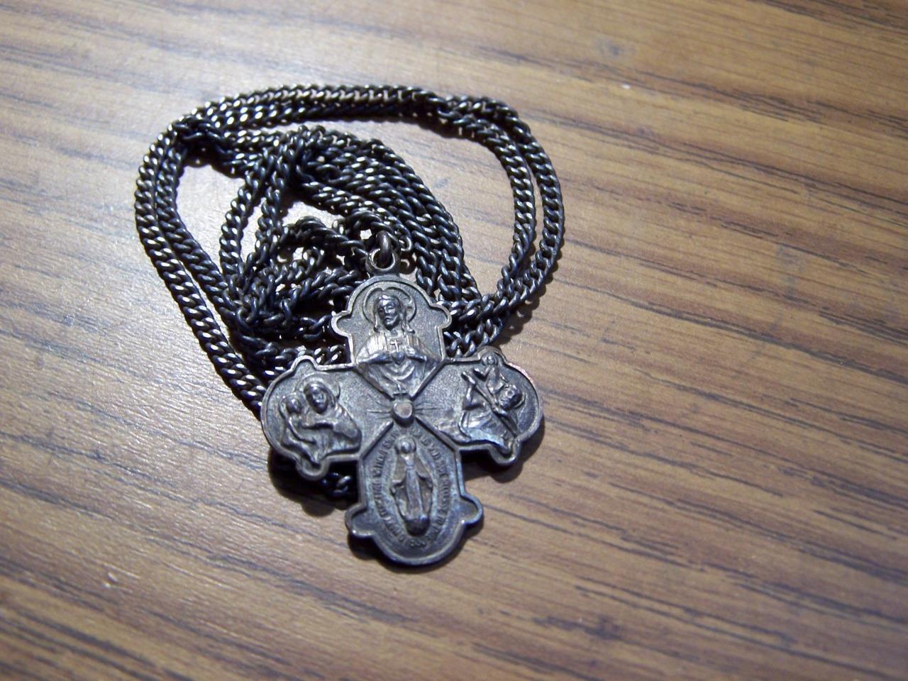 Antique I'm a Catholic Medal Please Call a Priest Four Way Cross Sterling