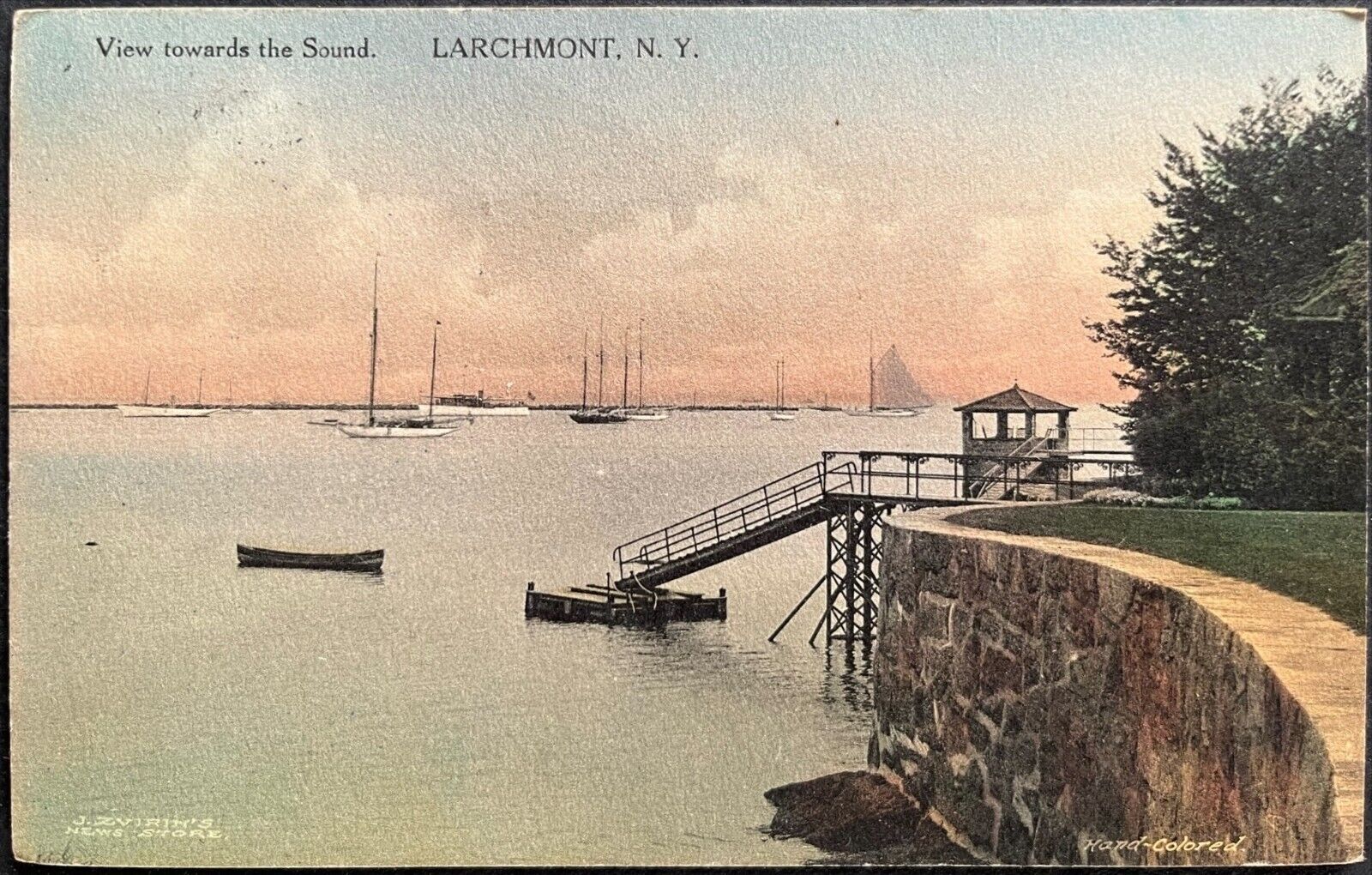 1912 Handcolored NY PC View from the Sound, Larchmont, J. Zvirin\'s News Store