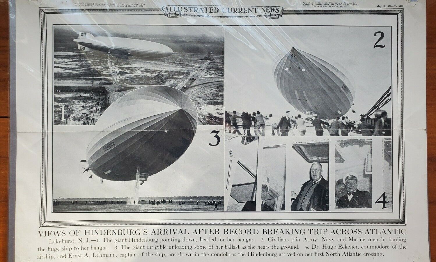 Original Vintage 1936 ED Hindenburg\'s Arrival Illustrated Current News Poster 