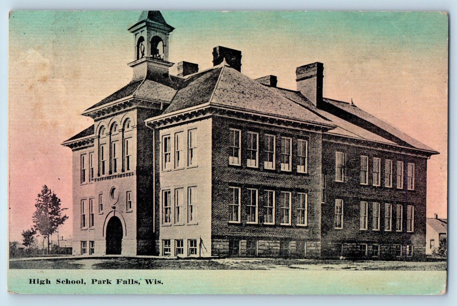 Park Falls Wisconsin WI Postcard High School Exterior View Building 1914 Antique