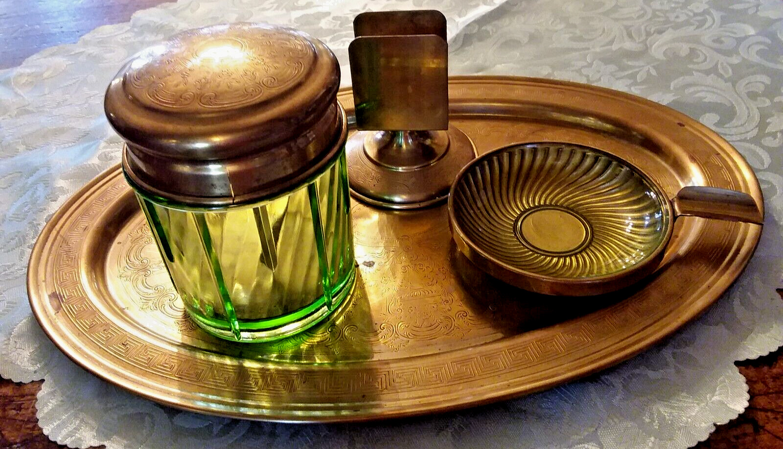 Vintage 4-Piece Chase Brass & Vaseline Uranium Glass Smoking Accessories Set